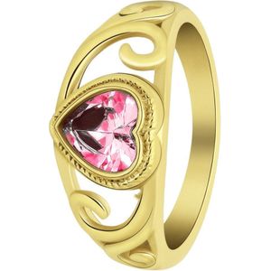 Lucardi Dames vintage ring met hart roze – Maat 66 – 21mm - Ring - Cadeau - Staal goldplated - Goudkleurig