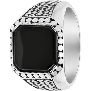 Lucardi Heren Zegelring bewerkt met black agate - Ring - Cadeau - Staal - Zilverkleurig