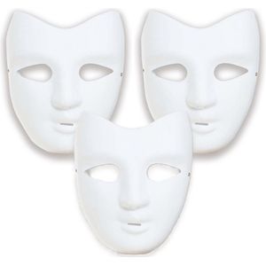 Fiestas Guirca Grimeer masker - 3x - wit - kunststof - met elastiekje - zelf beschilderen - Hobby/DIY knutsel maskers