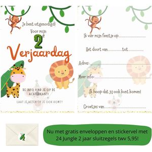 Uitnodiging kinderfeestje - Kinderfeest - Uitnodigingen - Verjaardag - Inclusief enveloppen - Eigen design en print - Wenskaart - Jungle 2 jaar - 16 stuks - A6