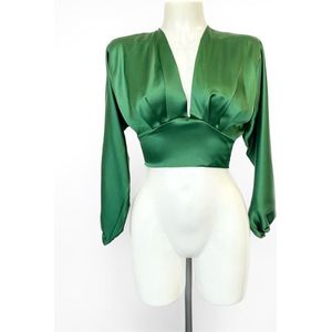 Satijnen blouse met v-hals - Groen - Satin crop top met lange mouwen - Geknoopt aan de achterkant - Blouse voor dames - Satijn - Kleding voor vrouwen - One-size - Een maat