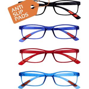 Amazotti Milano Leesbrillen +3.00 – Leesbril met sterkte – Dames en Heren – Kunststof – Zwart, Blauw, Rood – Set van 4
