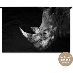 Wandkleed Dieren - Portret van een neushoorn op een zwarte achtergrond Wandkleed katoen 180x120 cm - Wandtapijt met foto XXL / Groot formaat!
