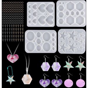 Oorbellen Hars Mallen - 4 Stuks met 190 Stuks Jewelry Making Accessories - Resin Earring Molds - Hanger Siliconen Mal - Hart Rond Epoxy Gietvorm voor DIY Sieraden Ketting (Hart)