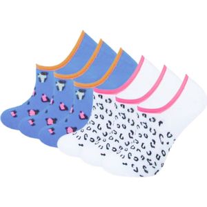 6 paar meisjes Footies - Leopard - Blauw/Wit - Maat 23-26