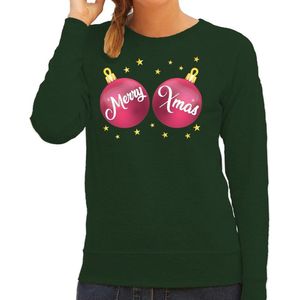 Foute kersttrui / sweater groen met roze Merry Xmas borsten voor dames - kerstkleding / christmas outfit 2XL