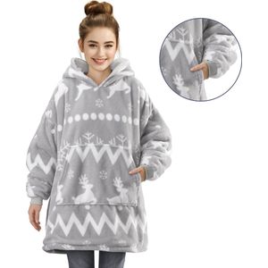 Homelevel unisex kinder hoodie deken - XL - Zachte fleece - Voor kinderen en tieners - Met zakken en capuchon - lichtgrijs met witte print