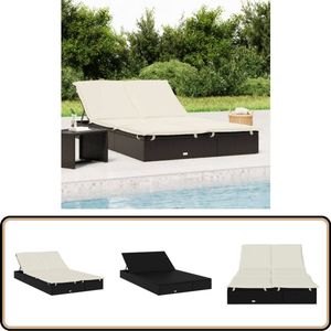 vidaXL Ligbed 2-persoons - Zwart met Crèmewitte Kussens Ligbed - Lounge Bed - Tuinset - Buitendecor - Relaxen