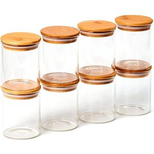 Set van 8 hoge borosilicaatglazen potten met luchtdichte natuurlijke bamboe deksels, 450 ml doorzichtige decoratieve voorraadpot, voedselopslag container set voor de keukenkast thuis