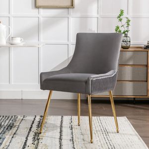 Eetkamerstoel met verticale strepen-gestoffeerde fauteuil-stoel met metalen poten en metalen handvat-moderne loungestoel-slaapkamer-woonkamerstoel-grijs