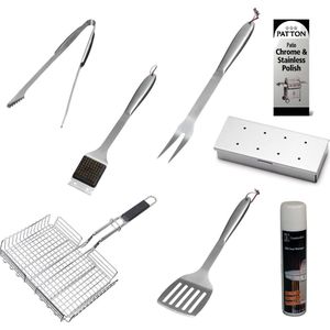Patton - BBQ accesoires - 8-delige BBQ set - vleestang - vork - spatel - multi grill - borstel - smokerbox - snelreiniger - chrome & RVS polish - starter kit