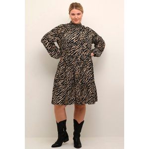 Kaffe Curve Jurk KCkerry met Dierenprint en Volant Bruin/Zwart