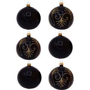 Zwarte Kerstballen met Chique Gouden Glitter Decoratie en effen zwart glanzend - Doosje met 6 glazen kerstballen
