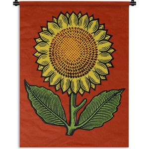 Wandkleed Zonnebloemen Illustraties - Illustratie van een zonnebloem op een rode achtergrond Wandkleed katoen 60x80 cm - Wandtapijt met foto