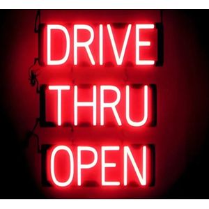 DRIVE THRU OPEN - Lichtreclame Neon LED bord verlicht | SpellBrite | 46 x 60 cm | 6 Dimstanden - 8 Lichtanimaties | Reclamebord neon verlichting