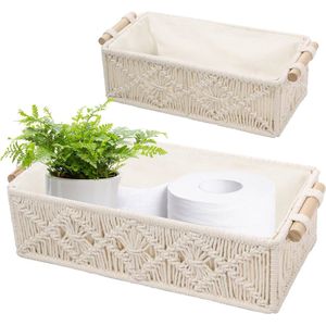 Set van 2 gevlochten opbergmanden - Boho decoratieve mand met handvatten - Handgemaakte macramé mand van katoenen touw - Kleine mand voor decoratie - Geschenkmand - Broodmand - Wit
