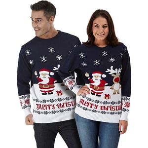 Foute Kersttrui Dames & Heren - Unisex - Rendier & Kerstman Donkerblauw - Kerst trui Mannen & Vrouwen Maat M