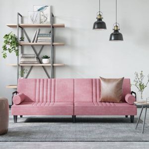 The Living Store Slaapbank Fluweel - Verstelbare rugleuning - Comfortabel - Rolkussens - Stevig frame - Roze - 205x89x70cm