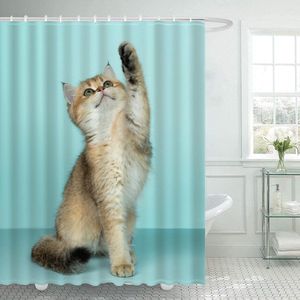 Ulticool Douchegordijn - Poes Kat Huisdier - 180 x 200 cm - met 12 Ringen Wit - semi Transparant - anti Schimmel - Blauw Beige