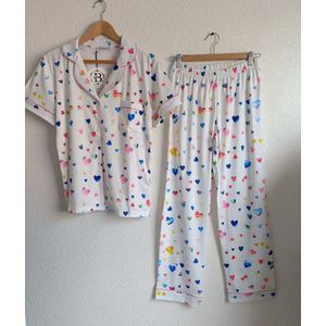 Dames 2- Delige -Pyjama- Luxe Pyjamaset- Nachtkleding- Homewear- Katoen- Cadeauset voor Vrouwen- Zomer- Hartjes Print Maat XXL