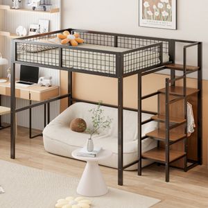 Hoogslaper 140*200 met ladder, kinderbed met ijzeren frame en opbergplank, kledingkast zwart