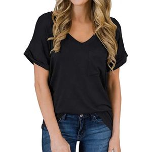 ASTRADAVI Casual Wear - Dames V-Hals T-Shirts met Borstzakje - Trendy Opgerolde Mouwen - Zwart/X-Large