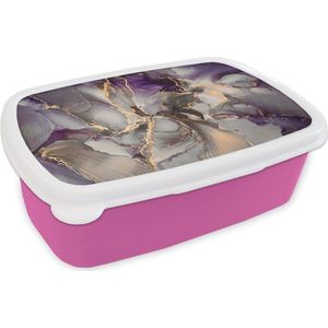 Broodtrommel Roze - Lunchbox - Brooddoos - Goud - Paars - Marmer - 18x12x6 cm - Kinderen - Meisje