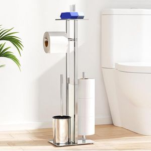 Toiletpapierhouder staand met wc-borstel en lade - Roestvrijstaal - Glazen plank