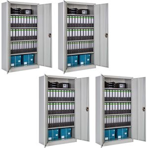 tectake® Archiefkast - Kantoorkast afsluitbaar - Multifunctionele kast van staal - Universele kast met 2 deuren - 5 in hoogte verstelbare planken - Afsluitbaar met veiligheidscilinderslot - Afmeting (LxBxH) 180 x 90 x 40 cm - Set van 4 - Lichtgrijs