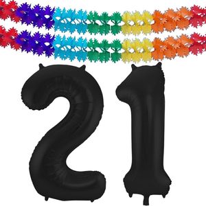 Folat folie ballonnen - Leeftijd cijfer 21 - zwart - 86 cm - en 2x slingers