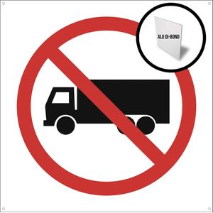 Pictogram/ bord alu di-bond | No trucks | 100 x 100 cm | Vrachtwagens | Camions | Verbod | Transport | Met 4 hechtingsgaten | Alu di-bond | Wit | Boorgaten | Roestvrij | Duurzaam | 1 stuk