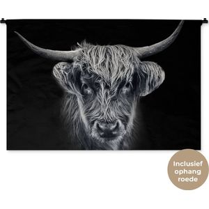 Wandkleed Schotse Hooglanders  - Schotse hooglander op een zwarte achtergrond in zwart-wit Wandkleed katoen 150x100 cm - Wandtapijt met foto