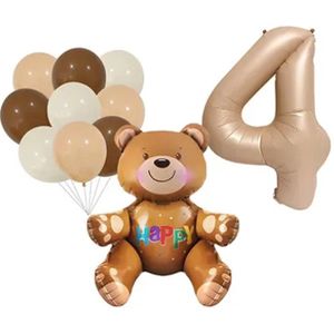 Ballonnen Set - Leeftijd: 4 Jaar - Kleur: Beige / Nude - Beer Ballonnen - Teddybeer - Eerste Verjaardag - Feestversiering - Verjaardag Versiering - Kinderfeestje - Verjaardag Decoratie - Kinder Verjaardag - Verjaardag Zoon & Dochter - Beige Ballonnen