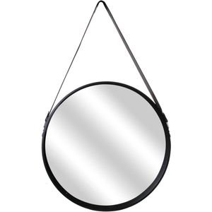 Home Deco Factory spiegel - rond - zwart - hout - met leren handvat - D450 cm