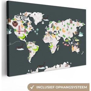 Canvas Wereldkaart - 60x40 - Wanddecoratie Wereldkaart - Kinderen - Dieren