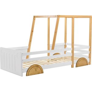 Autobed, jeepbed, kinderbed met MDF wielen, grenen frame, wit + naturel (90x200cm)