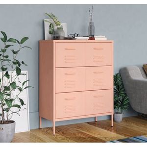 The Living Store Ladekast Staal - 80x35x101.5 cm - 6 lades - Roze