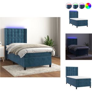 vidaXL Bed Fluweel Donkerblauw 203x103x118/128 - Verstelbaar hoofdbord - Kleurrijke LED-verlichting - Pocketvering matras - Huidvriendelijk topmatras - Bed