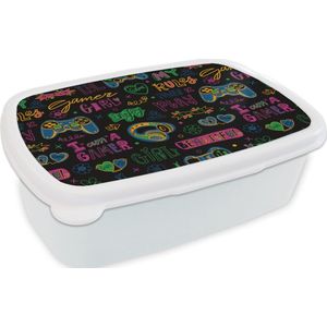 Broodtrommel Wit - Lunchbox - Brooddoos - Pubers - Gaming - Koptelefoon - Patronen - 18x12x6 cm - Volwassenen