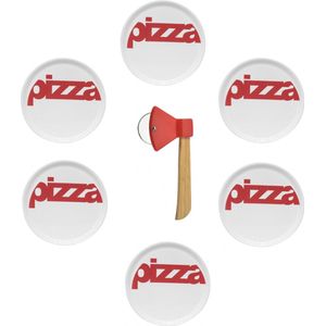 Pizzabord wit met rode tekst ""Pizza"" (D: 29 cm)  - set van 6 stuks  + pizzames