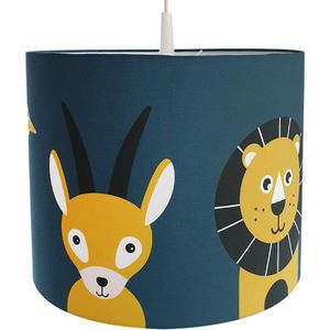 Hanglamp Dieren donker blauw met leeuw, baviaan, struisvogel, hyena, luiaard en gazelle jongenskamer Verlichting diameter 30cm met pendel voor kinderkamer