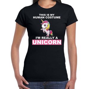 Human costume really unicorn verkleed t-shirt / outfit zwart voor dames - Eenhoorn carnaval / feest shirt kleding / kostuum L