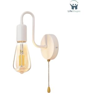 LifeStages - Wandlamp Binnen met Snoer - Binnen Wandlamp met Schakelaar Hardwired - Binnenwandlamp met Trekschakelaar E27 - Retro Wandlamp voor Binnen - Zwanenhals Vintage Slaapkamer Wandlamp - Metaal Muurlamp voor Woonkamer - Wit
