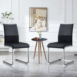 Sweiko 2 sets van Moderne Restaurantstoelen, met PU kunstleer en linnen rugleuningen, hoge rugkussens zijstoelen, kruisgestreept rugleuningontwerp voor restaurant, keuken, en gastenkamer bureaustoelen, Zwart