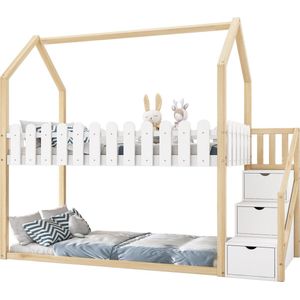 Merax Stapelbed 90x200 cm met Opbergruimte - Houten Hoogslaper Kinderbed met Uitvalbeveiliging - Wit met Houtbruin