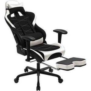 Segenn's Akron Gamingstoel met Voetensteun - 150 kg - Bureaustoel -Bureaustoel - Lendenkussen - Kussen - Hoge Rugleuning - Ergonomisch - Staal - Synthetisch Leer - Ademende Netstof - Zwart en Wit
