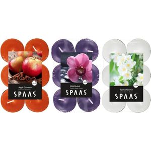 Candles by Spaas geurkaarsen - 36x stuks in 3 geuren - Wild Orchid - Appel-Cinnamon - Jasmin Flowers