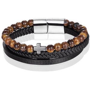 Heren armband Memphis Tijgeroog  kraal gevlochten leer Kruis Zilverkleurig Bruin Zwart - 19cm