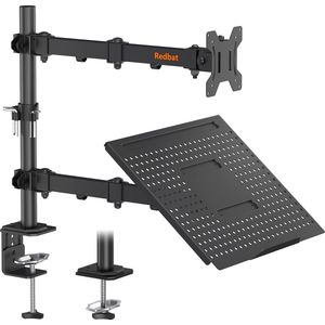 monitorarm met laptopcompartiment, dubbele schermen, volledig verstelbaar voor 13 tot 32 inch LCD LED schermen tot 8kg & notebook tot 16 inch, kantelen, draaien & roteren, 2 montagemogelijkheden