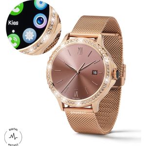 Digital Nativez dames smartwatch horloge rosegoud met echte zirkonia’s | incl. extra, makkelijk verstelbare, horlogeband | geschikt voor Iphone en Android | met o.a. NL menu| incl. luxe giftbox - kado